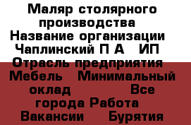 Маляр столярного производства › Название организации ­ Чаплинский П.А., ИП › Отрасль предприятия ­ Мебель › Минимальный оклад ­ 60 000 - Все города Работа » Вакансии   . Бурятия респ.